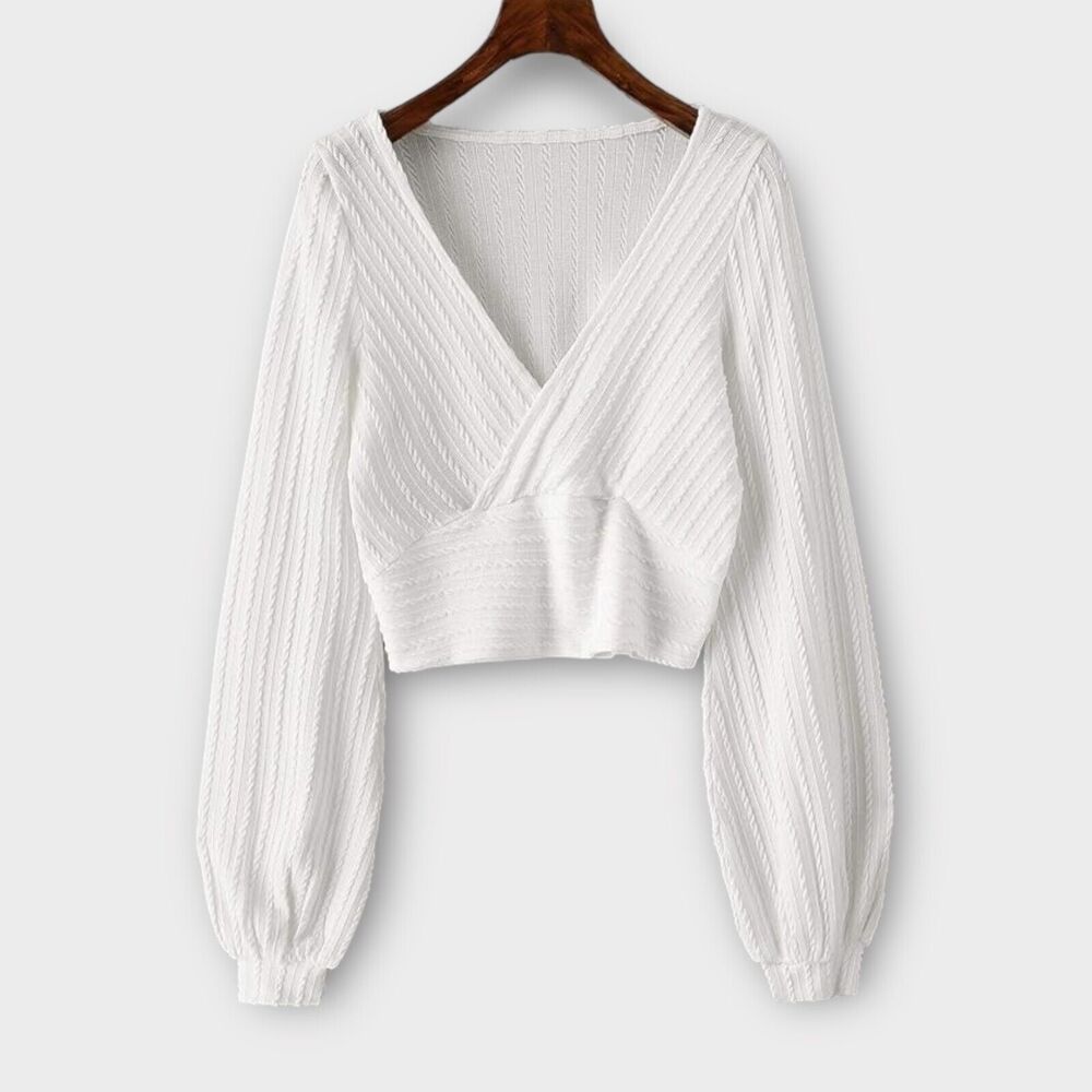 Women's White Ribbed Cropped Long Sleev Top L Ruched Deep V-Neck Puffed Sleeve